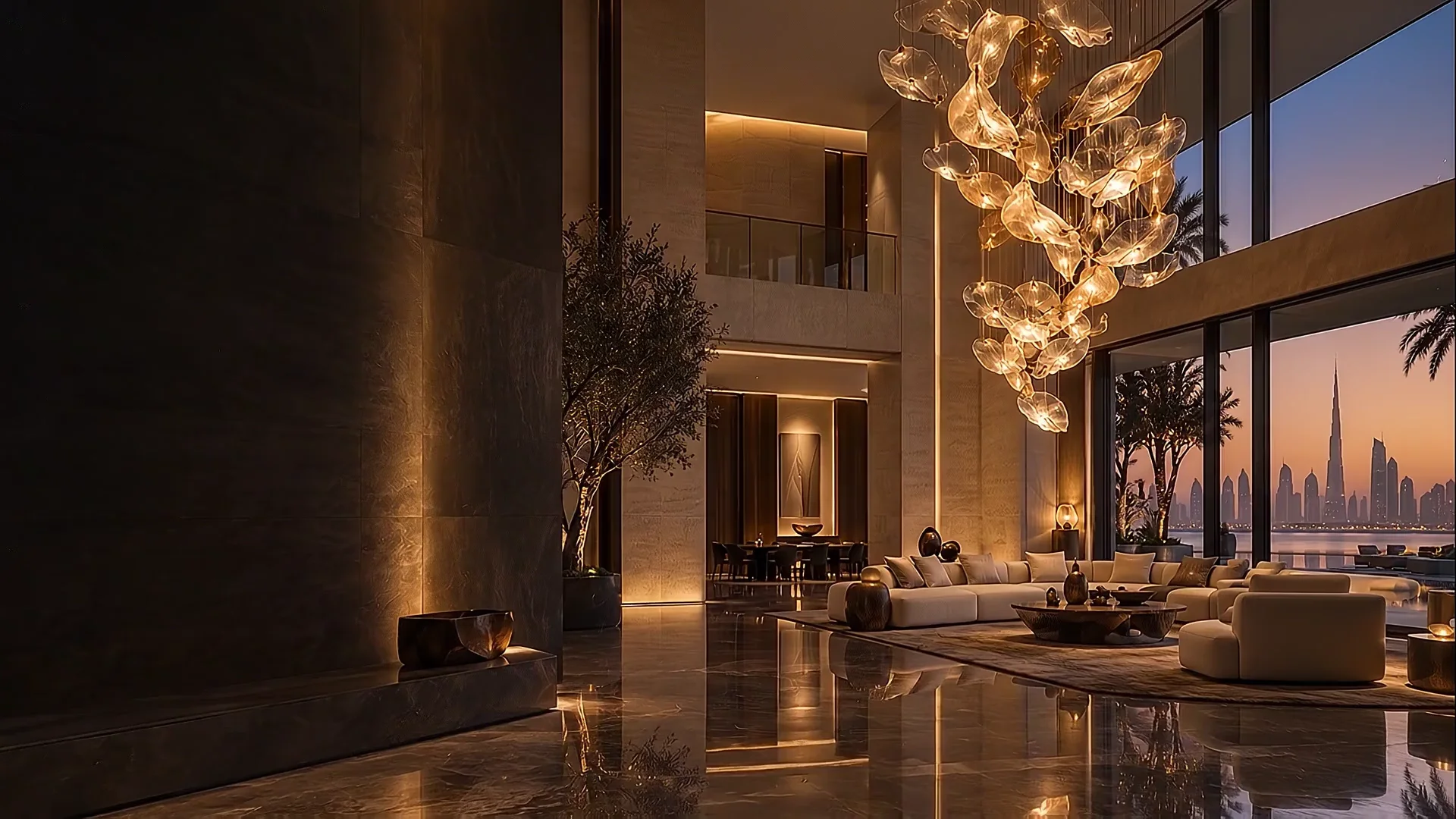 Sculptural amber lighting in a contemporary interior — design concept